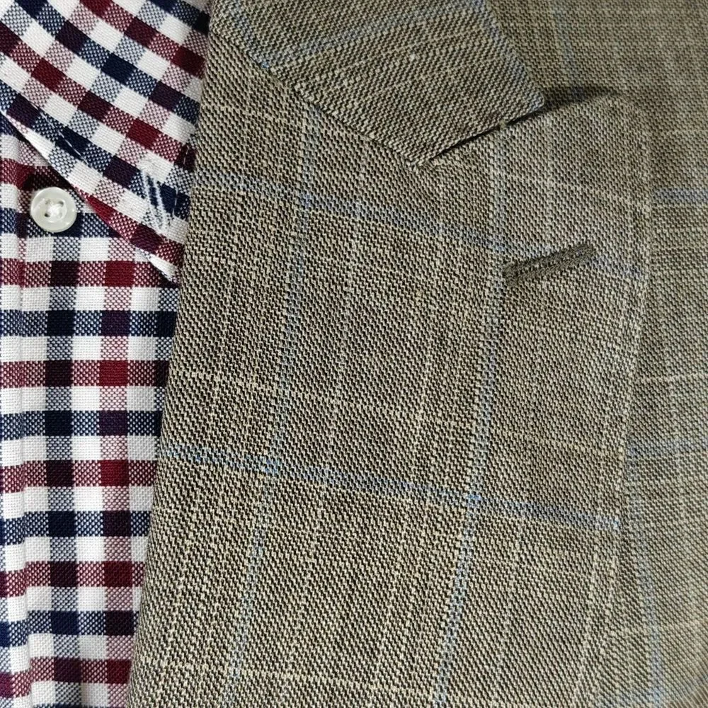 Apollo King Men's Sport Coat Blazer Single Button Brown Plaid 150s Wool Peak 42R